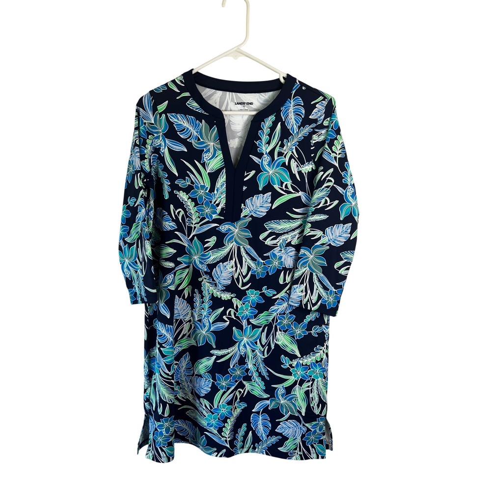 Lands' End Tropical Print Swim Dress Cover Up Size XS Navy Long Sleeve NEW